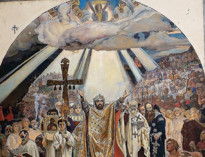 Viktor Vasnetsov's Baptism of Rus: Prince Volodymyr, crowned and in gold, presides over the baptism of the people of Kyiv in the Dnipro, with Saint Olha and the clergy beside him and angels above.
