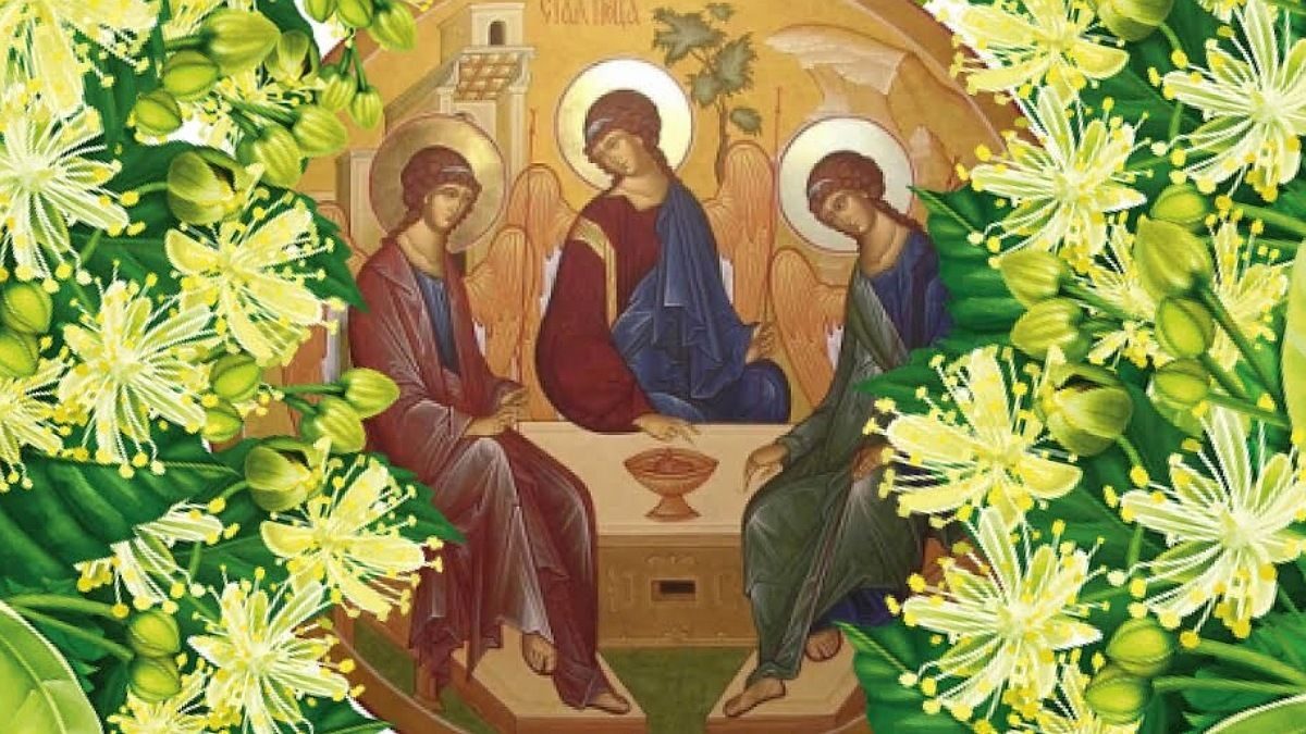 Icon of the Holy Trinity surrounded by green linden branches