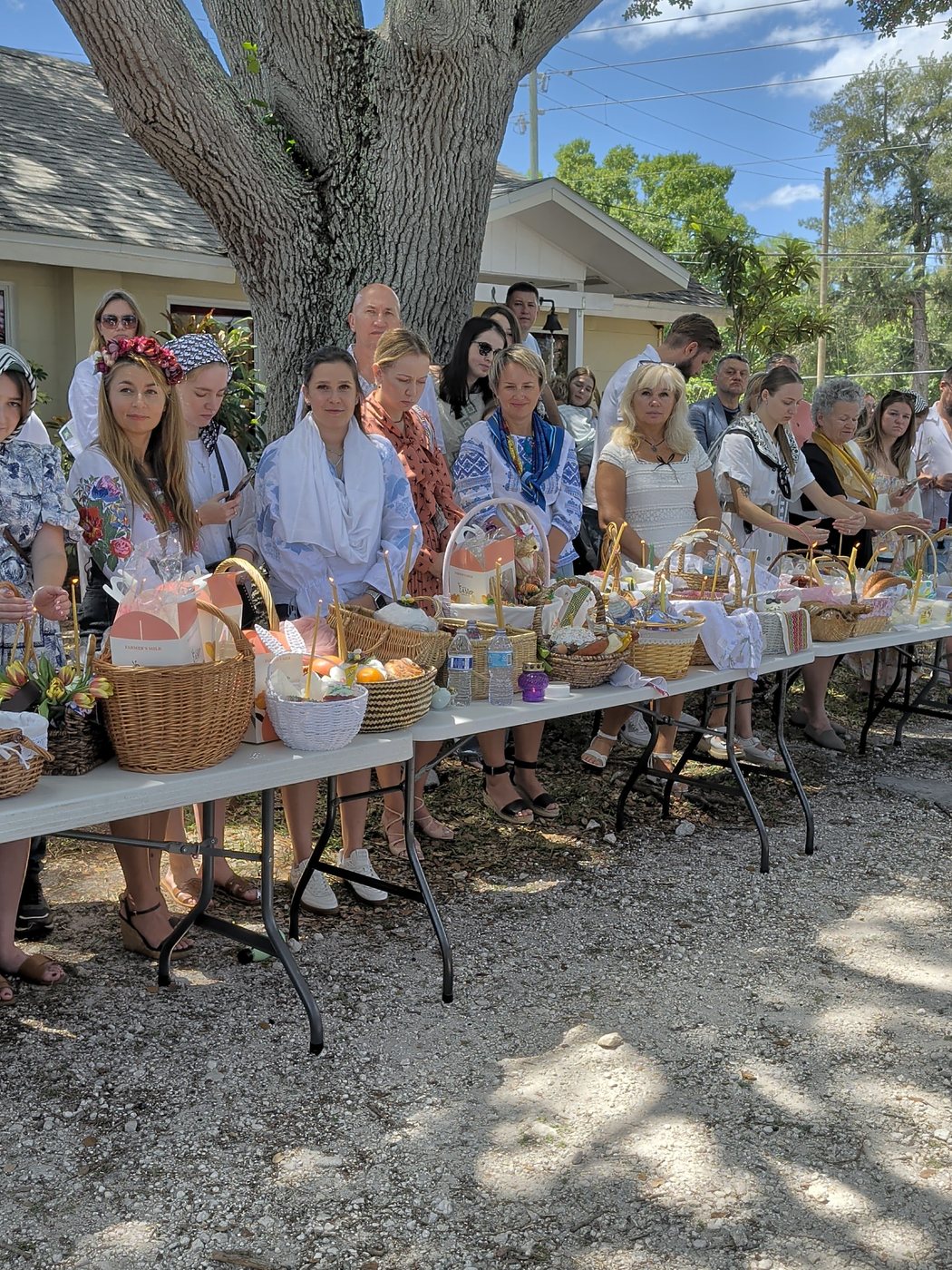 Parishioners in vyshyvanky lined up for the basket blessing