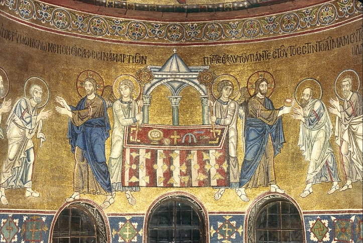 The 11th-century Eucharist mosaic from Saint Sophia Cathedral in Kyiv: Christ giving Holy Communion to the apostles at the altar.