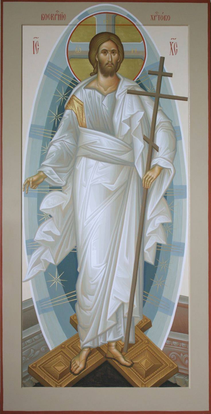 Icon of the Resurrection: Christ risen in shining white robes, holding the cross.