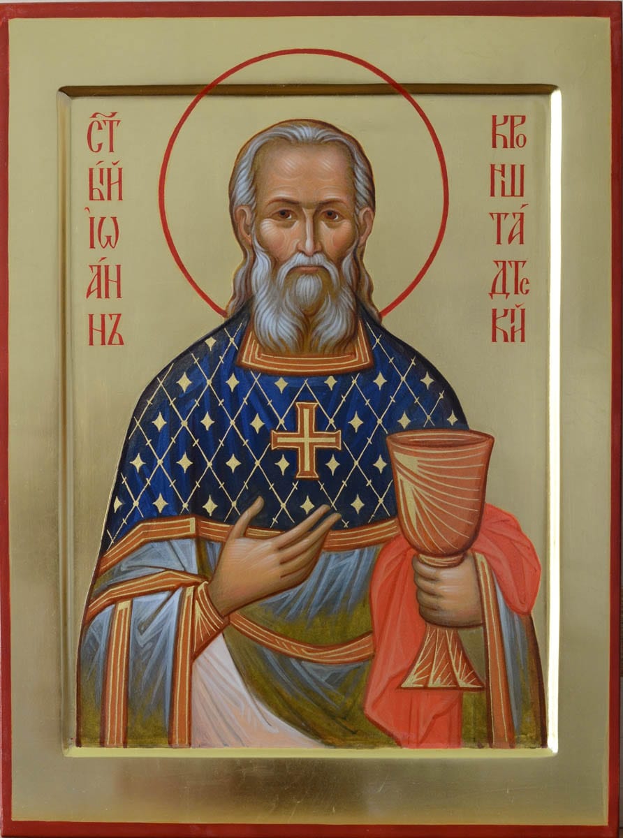 Icon of Saint John of Kronstadt holding the chalice, the great teacher of frequent Communion.